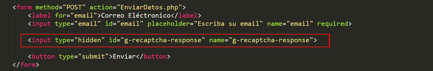 Formulario de ejemplo con el input oculto que enviará el token Formulario de ejemplo con el input oculto que enviará el token